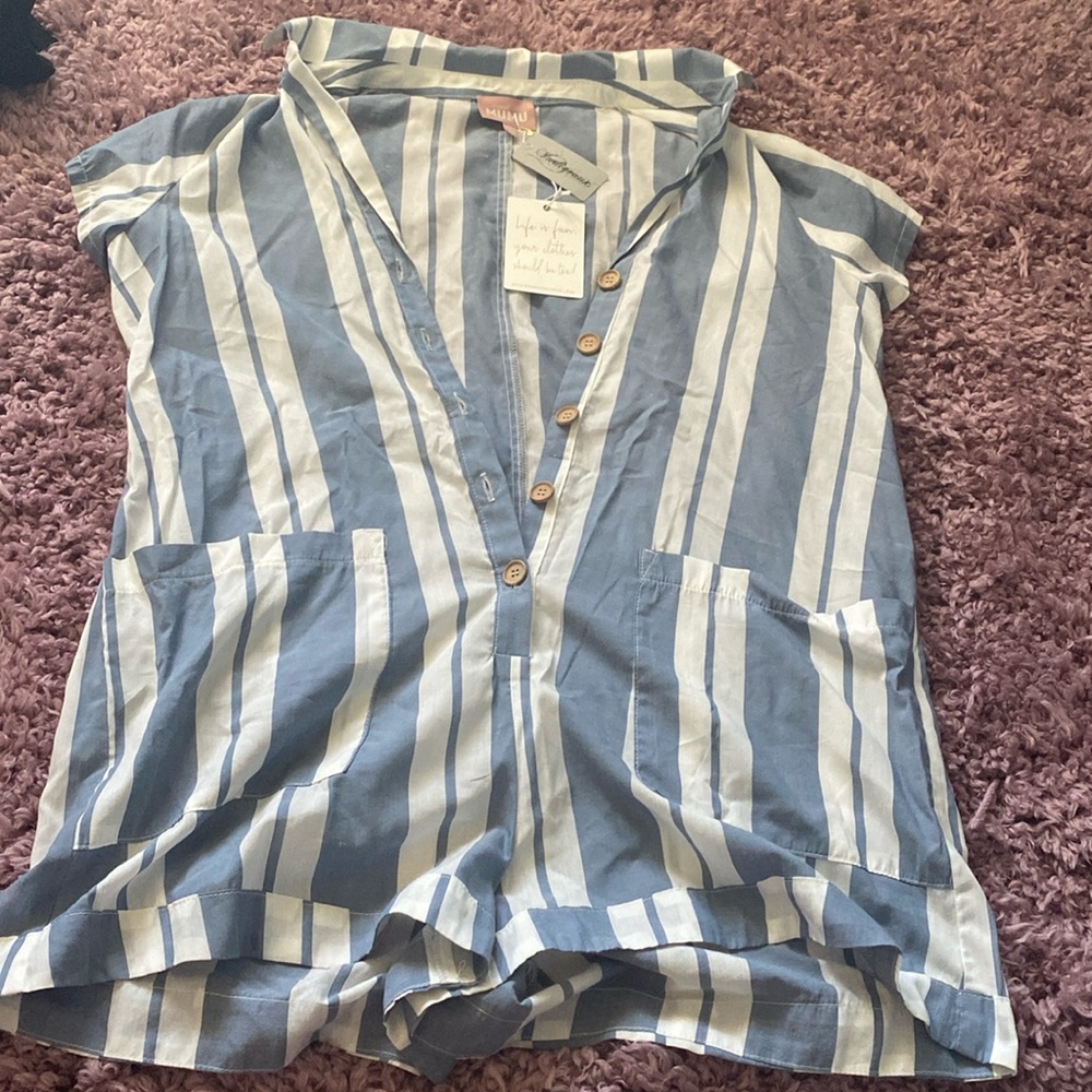 A blue and white striped romper